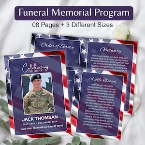 Military Veteran Funeral Program, Veteran Memorial Service Patriotic Celebration of Life,  Veteran Funeral Program, Canva Editable Obituary