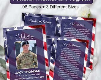 Military Veteran Funeral Program, Veteran Memorial Service Patriotic Celebration of Life,  Veteran Funeral Program, Canva Editable Obituary