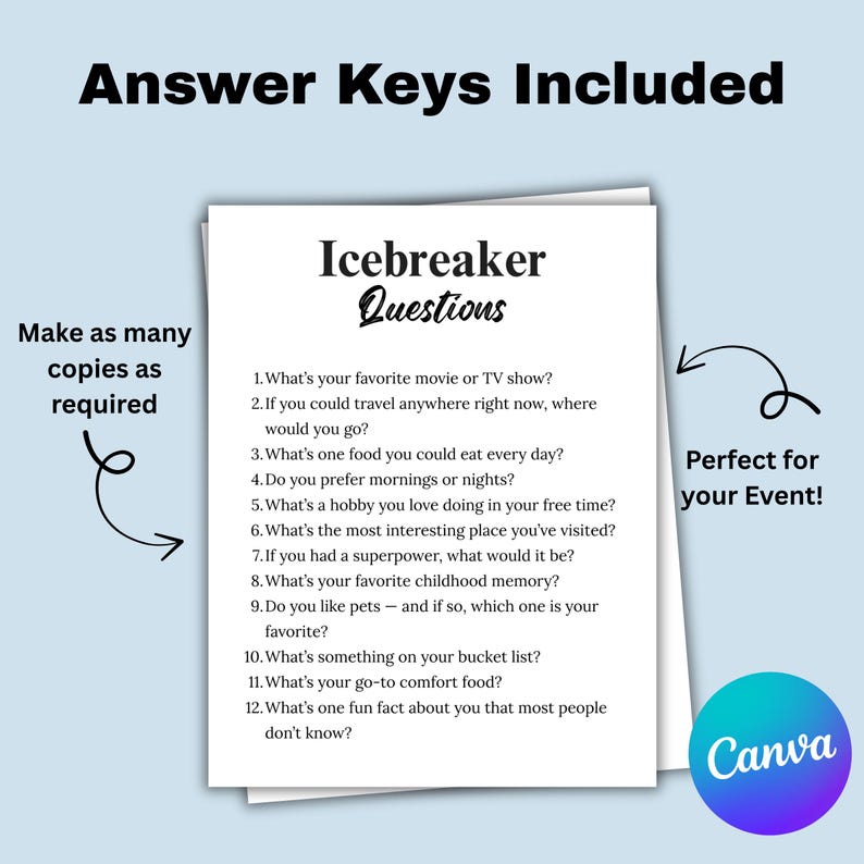 May include: A white paper with "Icebreaker Questions" and a list of questions. The text "Answer Keys Included" is at the top. The image also includes the text "Make as many copies as required" and "Perfect for your Event!"