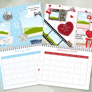 May include: Two spiral-bound calendars, one blue and one pink, open to January and February 2026. The January calendar has a light blue background with decorative elements. The February calendar has a pink background with hearts and other decorations.