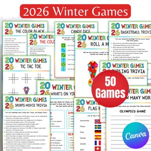 May include: A collection of printable game sheets for the 2026 Winter Games, featuring trivia, tic-tac-toe, and other fun activities. The sheets are in various colors and include the text "50 Games" in a red circle.