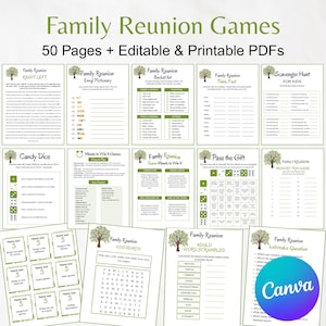 May include: A collection of printable family reunion games, including Emoji Pictionary, Scavenger Hunt, and Word Scramble. The pages are green and white with tree illustrations and the text "Family Reunion Games". The Canva logo is in the bottom right.