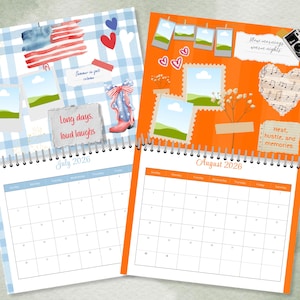 May include: Two spiral-bound calendars open to July and August 2026. The July page has a blue and white gingham background with a watercolor American flag and a cowboy boot illustration. The August page is orange with photo-like images and text that reads "Heat, hustle, and memories."