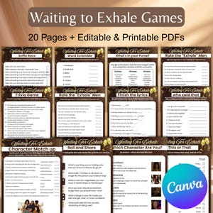 Peut inclure: Ensemble de pages de jeux imprimables intitulées "Waiting to Exhale Games" avec le logo Canva. Les jeux incluent "Selfie Race", "Word Scramble", "What's in your Purse?" et "Finish the Lyrics". Les pages sont marron avec des détails dorés.