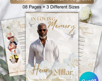 08 White Minimalist Funeral Program Template, Canva Editable Memorial Program, Memorial Service Design, Obituary Celebration Of Life Program