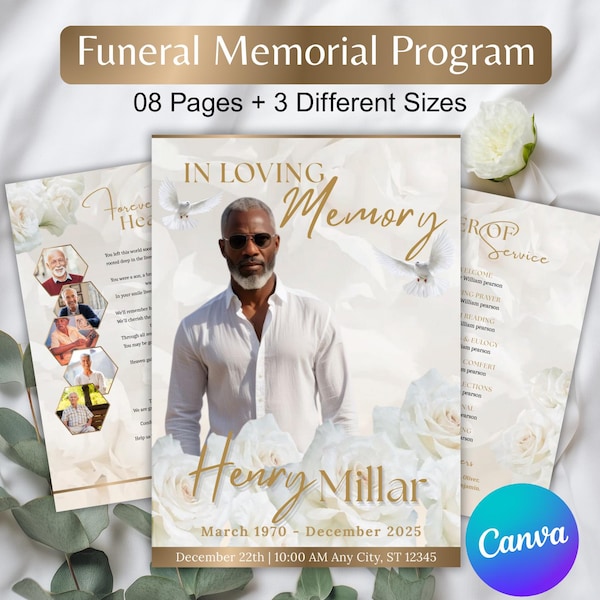 08 White Minimalist Funeral Program Template, Canva Editable Memorial Program, Memorial Service Design, Obituary Celebration Of Life Program