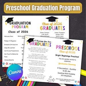 May include: A preschool graduation program with the text "Preschool Graduation Program" at the top. The program includes details for the Class of 2026, a graduation ceremony invitation, and a message for graduates.