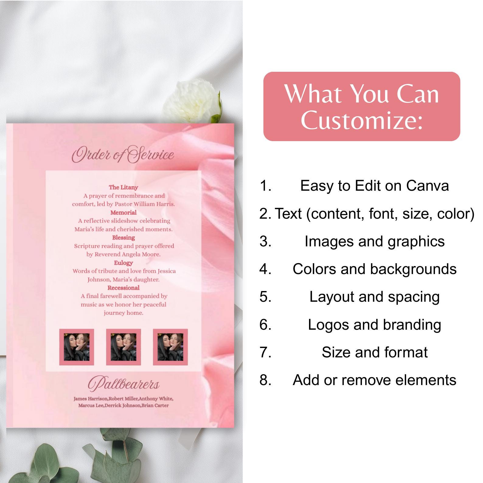 08 Pink Roses Funeral Program Template, Canva Editable Obituary Program ...