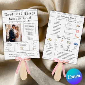 Peut inclure: Deux programmes de mariage en éventail avec du texte et des photos. L'un présente une photo du couple et des détails comme le cortège nuptial, le lieu et l'histoire d'amour. L'autre comprend le calendrier du mariage, les détails et un message de remerciement. Chaque éventail a un ruban rose.