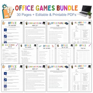 Pode incluir: Um pacote digital de 30 folhas de jogos de escritório imprimíveis e editáveis, incluindo títulos como Office Roll and Share, Company Picnic Right Left, Office Family Feud, All About My Co-Worker, Boss's Memo Mad Libs, Plate on Head, Ever or Never, This or That e Think Fast.