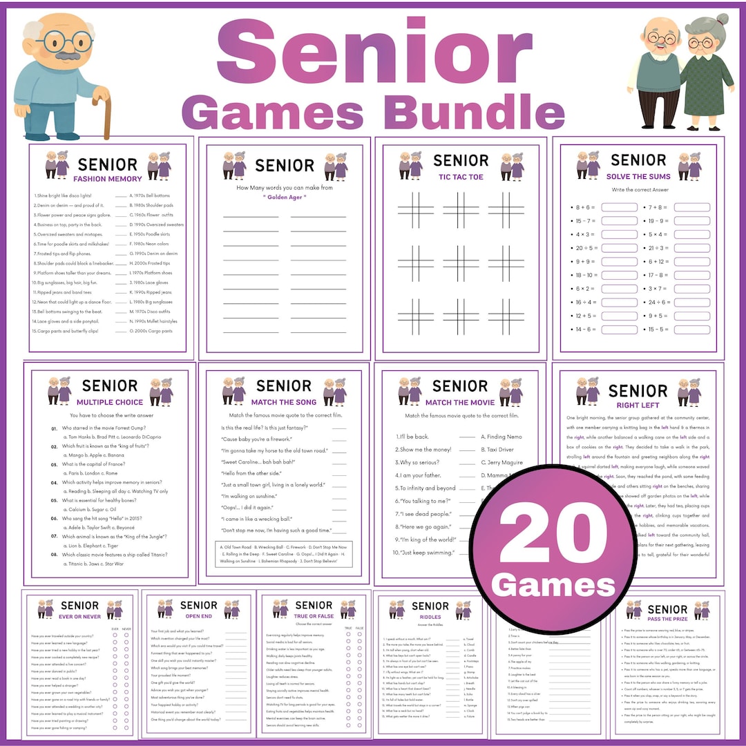 Senior Riddle Printabl Senior Games Bundle, Printable Brain Games for Seniors Elderly ...