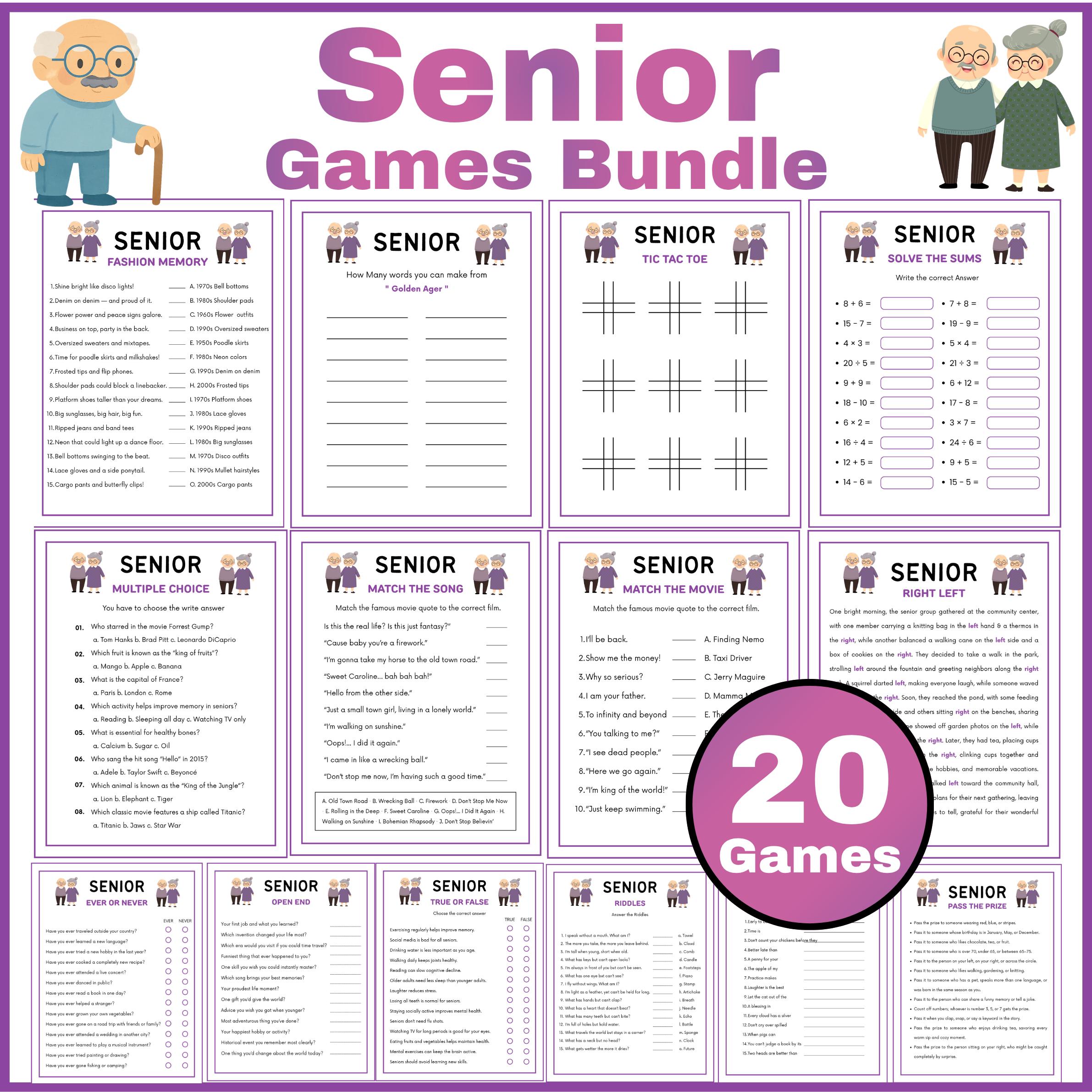 Senior Games Bundle, Printable Brain Games for Seniors Elderly ...