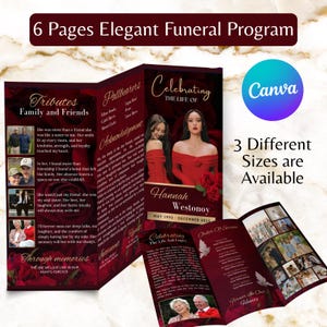 May include: A funeral program with a burgundy and gold color scheme. The program is a tri-fold design with photos and text. The front cover reads "6 Pages Elegant Funeral Program". The program is available in 3 different sizes.