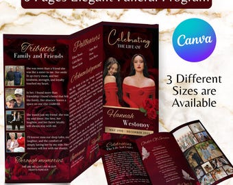 Trifold Red Roses Funeral Program Template, Canva Editable Celebration of Life Obituary Program, Memorial Service, In Loving Memory Funeral