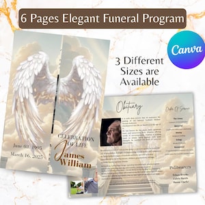 Angel Wings Funeral Memorial Program Canva Template, Celebration of Life Brochure, Editable Obituary Template, Memorial Service Program File