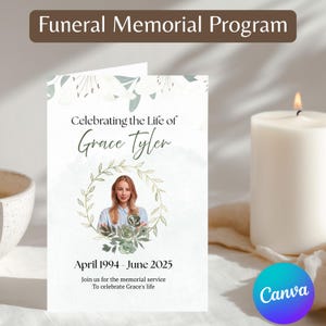 May include: A funeral memorial program with the text "Funeral Memorial Program" at the top. The program features the text "Celebrating the Life of Grace Tyler" and a photo of a woman. The dates "April 1994 - June 2025" are also included.