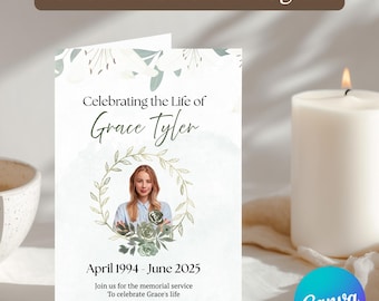Puede incluir: Un programa conmemorativo fúnebre con el texto "Funeral Memorial Program" en la parte superior. El programa presenta el texto "Celebrating the Life of Grace Tyler" y una foto de una mujer. También se incluyen las fechas "April 1994 - June 2025".