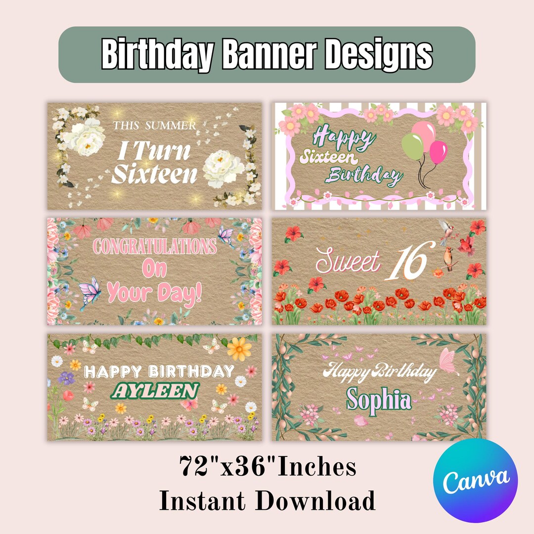 Editable Floral Birthday Banner Template Canva, Happy Birthday Sign ...