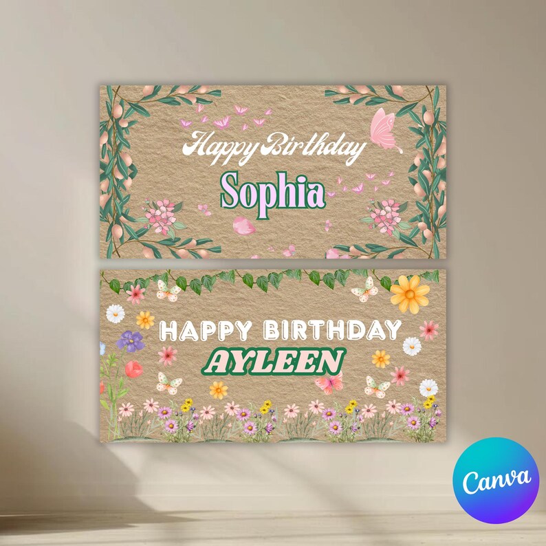 Editable Floral Birthday Banner Template Canva, Happy Birthday Sign ...