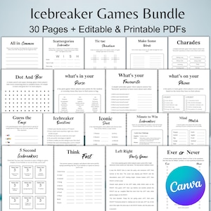 Może przedstawiać: Zestaw gier integracyjnych do druku, zawierający 30 stron z grami takimi jak kalambury i Scattergories. Białe strony z czarnym tekstem, idealne do aktywności grupowych.