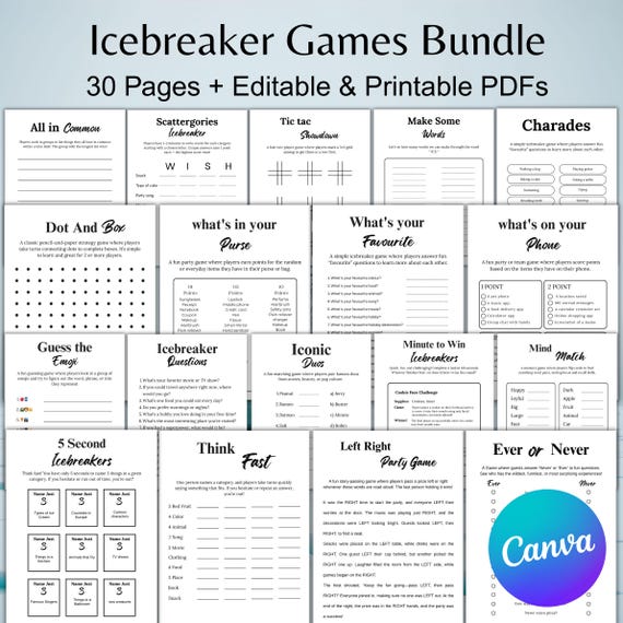 30 Icebreaker Games Bundle, Icebreaker Questions, Icebreaker Bingo Get To Know You Games for Gathering, Printable Games, Digital Download