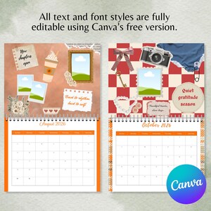 May include: A two-page calendar for August and October 2026, with decorative elements like photos, a camera, and a bow. The calendar has an orange border and the Canva logo. Text includes "New chapters open" and "Quiet gratitude season."