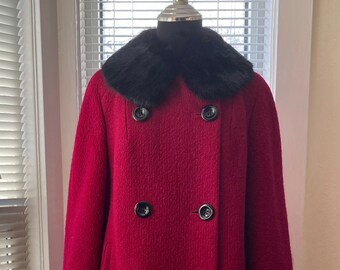 Vintage 60s Fur Collar Coat - Raspberry / Black Mink - fits m/L - Mid Century Mod Colour Pop