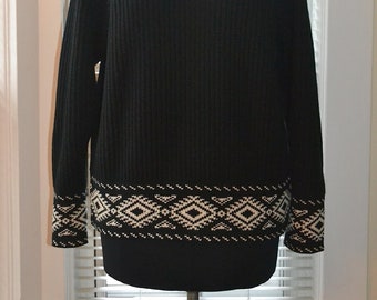 Vintage 90s 00s Benetton - Black Turtleneck Sweater w/ Nordic Knit Trim - fits women's small