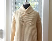 Vintage Fisherman Sweater - Ivory Cable Knit - Shawl Collar with Front Pocket Pouch - Fall Winter Style - Mens xs s - Women 39 s s m