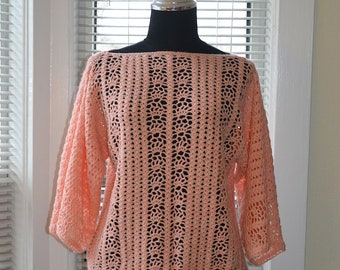 Vintage Crochet Sweater - Soft Neutral Peach - Bateau Neck - Drawstring Hem - Floral & Stripe - Retro Boho Chic - s/m