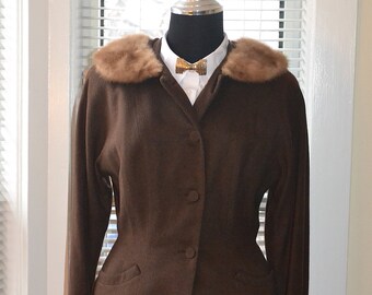 Vintage 50s Jacket - Mid Century Miss - Chocolate Brown Wool Suit Blazer - Genuine Fur Collar - Dolman Sleeve - Nipped Waist - s/m