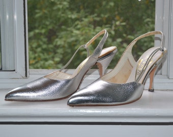 Vintage 50s/60s Stiletto Heels - Metallic Silver Leather - Slingback Straps - Retro Pin Up Mid Century Style - Size 6