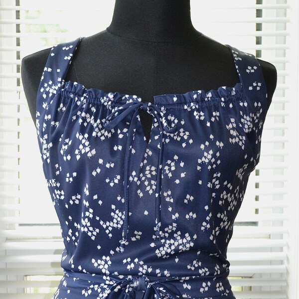 Vintage Summer Day Dress - Nautical Sweetheart - Navy Blue & White - m/L