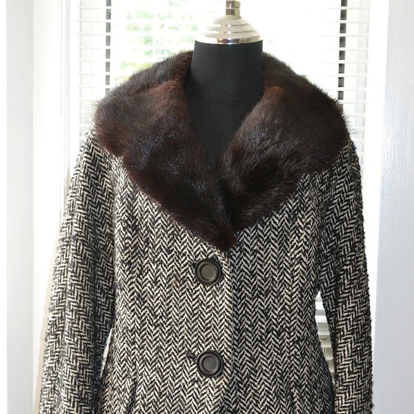 Vintage jaren 60 jas - Park Avenue Mrs - Tweed Herringbone wol - Retro korte jas - Mink kraag - Herfst/Winter Style - m/L