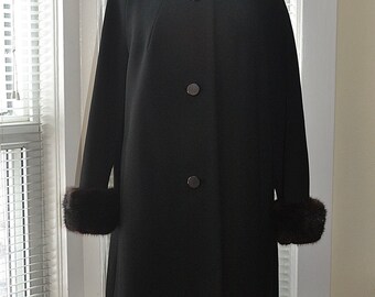 Vintage 60s Coat - Mid Century Style - Black Wool - Mink Collar & Cuffs - Fits s/m