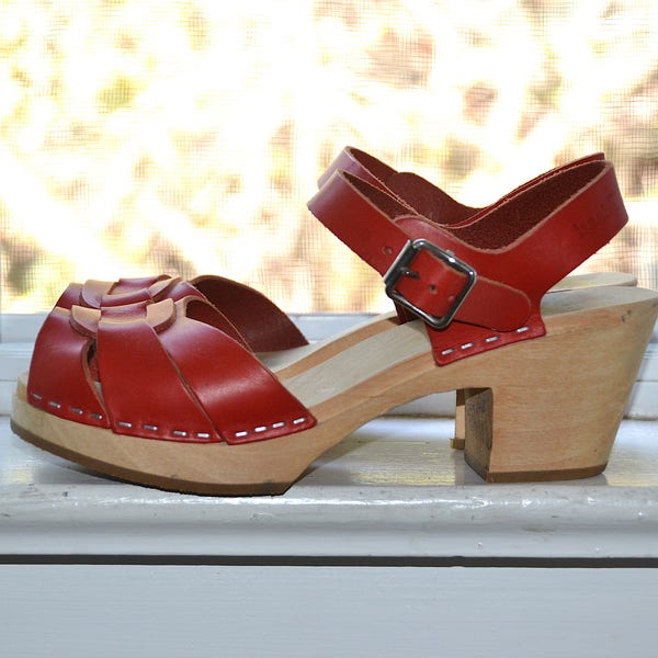 Vintage Style Clogs - Swedish Hasbeens - Red Leather Peep Toe - Silver Metal Buckles - 5.5/6