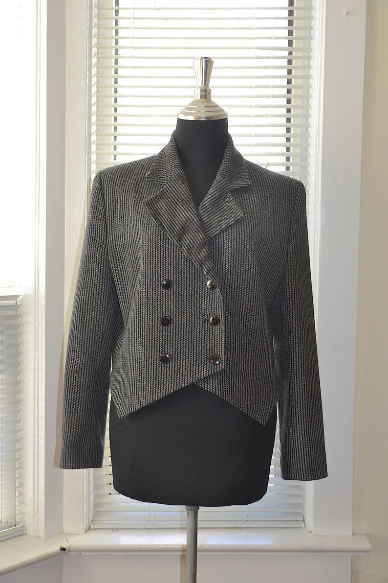 m Vintage 80s Jacket Girls Brigade Grey Wool Pinstripe Blazer Cropped Length