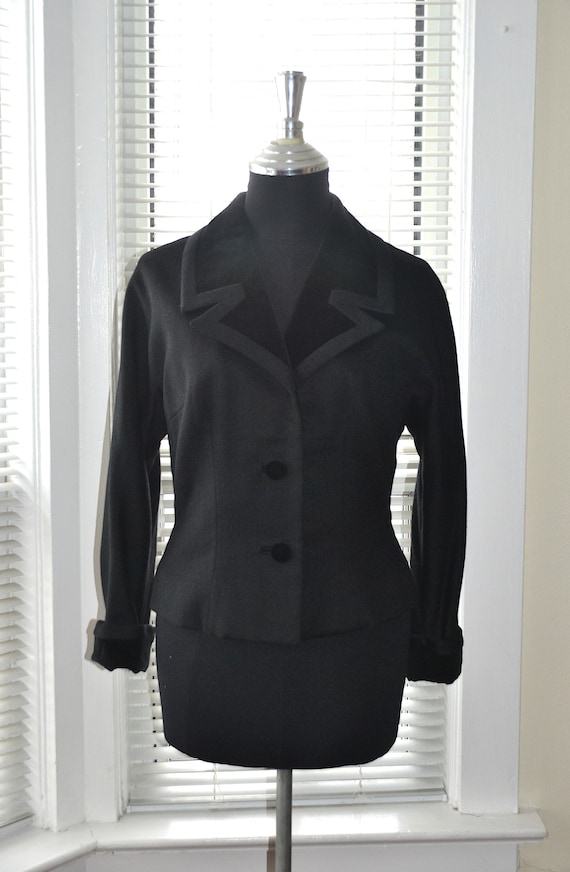 1960s WOOL Blazer Black Oversized Collar and Buttons Size Medium Large Mod Mad Men Era Vintage