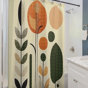 Boho botanischer Duschvorhang | Grünes abstraktes Dekor | Vintage Blumen Duschvorhang | Boho Badezimmer Dekor, grüner Duschvorhang, Retro Bad