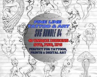 Fine Line Tattoo & Art Bundle 04 | Minimal Tattoo Stencil Collection (SVG PNG EPS)