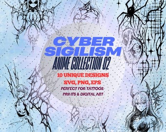 May include: A digital art collection of 10 unique anime designs featuring characters with cybernetic and gothic elements. The designs are perfect for tattoos, prints, and digital art. The text "CYBER SIGILISM ANIME COLLECTION 02" is displayed in the centre of the image.