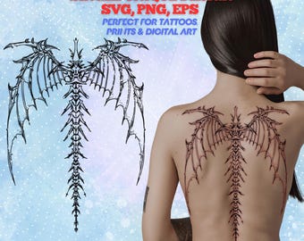 Cybersigilism Tattoo Design: Skeletal Dragon Wings Spine Sketch (SVG, PNG, EPS)