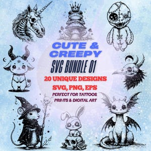 May include: A digital art bundle featuring cute and creepy illustrations. The image includes a unicorn, frog, voodoo doll, goat, raven skull, mouse, bunny, and dragon. Text reads "Cute & Creepy SVG Bundle 01" with "20 Unique Designs" and "Perfect for Tattoos Prints & Digital Art."