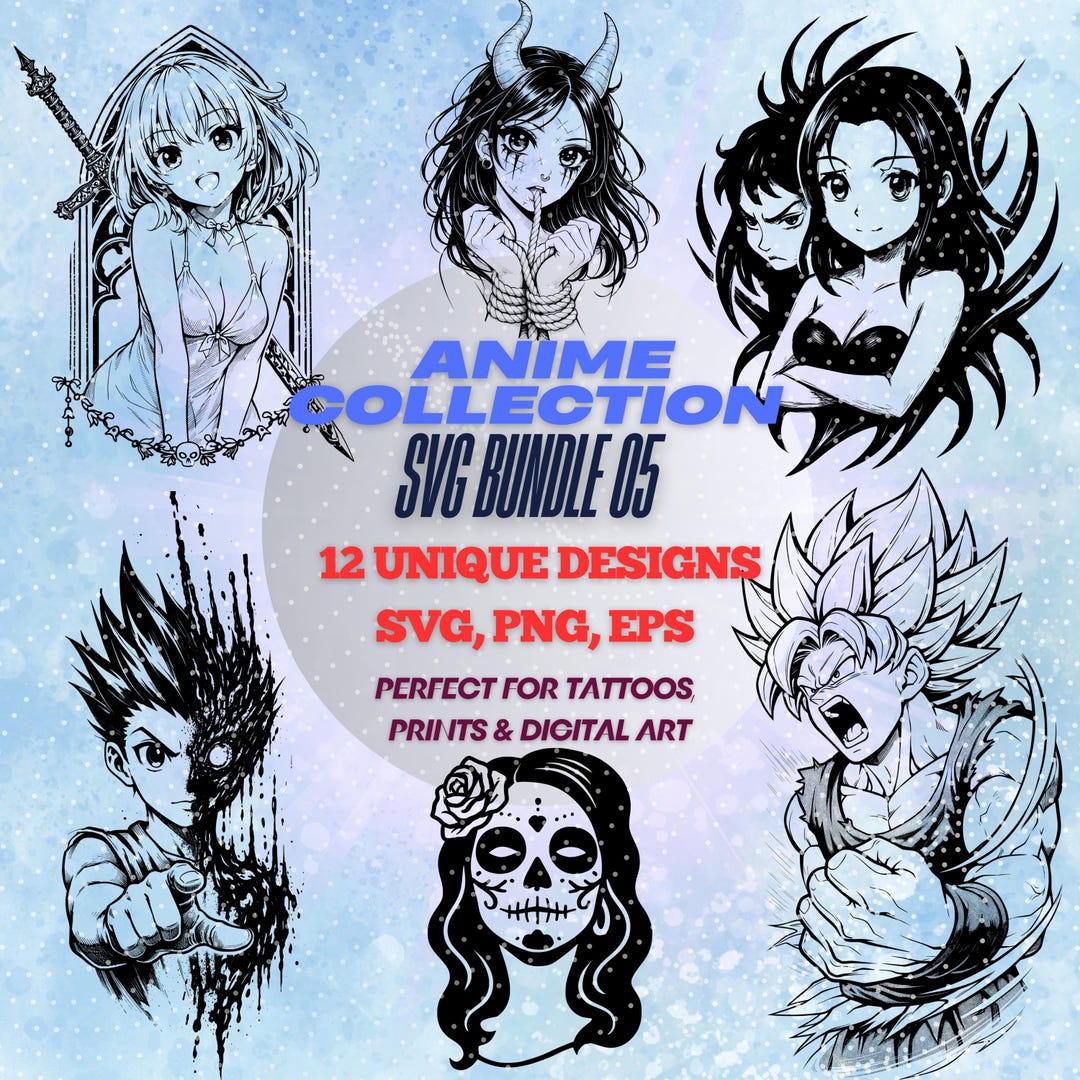 Anime SVG Bundle 05 | Tattoo Flash, Manga Stencils, Cricut Cut Files ...