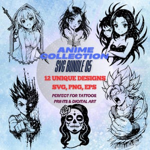 Op de afbeelding: Een anime SVG-bundel met 12 unieke ontwerpen. De illustraties zijn in zwart en wit, met verschillende personages. De tekst luidt "ANIME COLLECTION SVG BUNDLE 05" en "PERFECT FOR TATTOOS PRINTS & DIGITAL ART."
