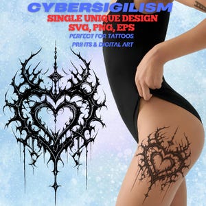 May include: Black and white digital art design featuring a heart shape with intricate, spiky details. The design is labeled "CYBERSIGILISM" and includes text indicating it's suitable for tattoos, prints, and digital art.
