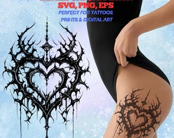 Gothic Tattoo Design: Blackline Heart Design With Thorny Floral Elements (SVG, PNG, EPS)