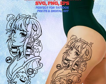 Anime Tattoo Design: Elegant Girl Profile Line Art (SVG, PNG, EPS)