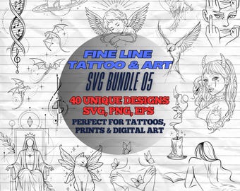 Fine Line Tattoo & Art Bundle 05 | Linework Tattoo Design Pack (SVG PNG EPS)
