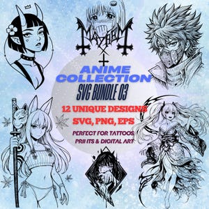 Puede incluir: Un paquete SVG de Anime Collection Bundle 03 con 12 diseños únicos. La imagen muestra varias ilustraciones de estilo anime en blanco y negro, con el texto "SVG, PNG, EPS" y "Perfecto para tatuajes, impresiones y arte digital."